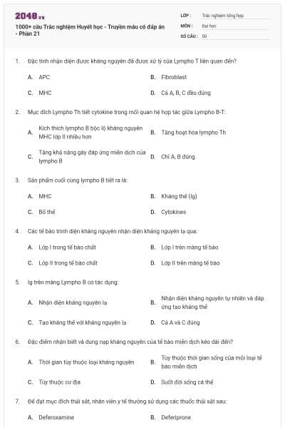 1000+ câu Trắc nghiệm Huyết học - Truyền máu có đáp án - Phần 21