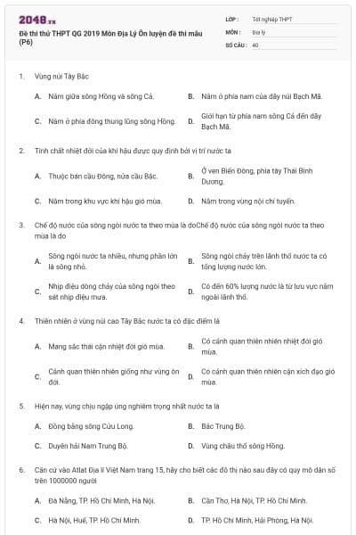 Đề thi thử THPT QG 2019 Môn Địa Lý Ôn luyện đề thi mẫu (P6)