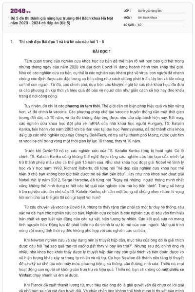 Bộ 5 đề thi Đánh giá năng lực trường ĐH Bách khoa Hà Nội năm 2023 - 2024 có đáp án (Đề 5)
