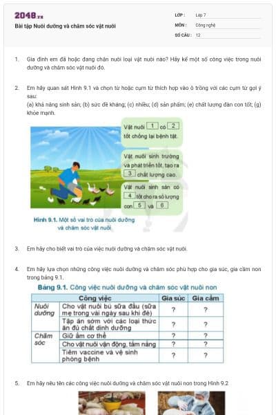 Bài tập Nuôi dưỡng và chăm sóc vật nuôi