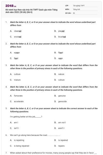 Đề minh họa theo cấu trúc thi THPT Quốc gia môn Tiếng Anh năm 2022 (30 đề) (Đề 6)