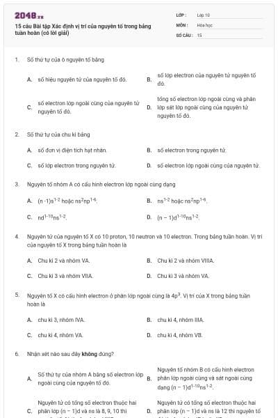 15 câu Bài tập Xác định vị trí của nguyên tố trong bảng tuần hoàn (có lời giải)