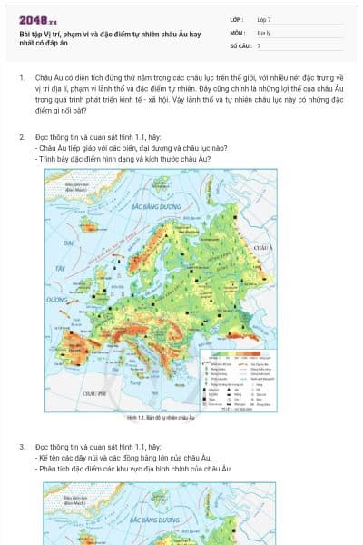Bài tập Vị trí, phạm vi và đặc điểm tự nhiên châu Âu hay nhất có đáp án