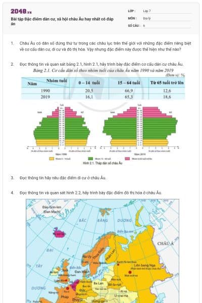 Bài tập Đặc điểm dân cư, xã hội châu Âu hay nhất có đáp án