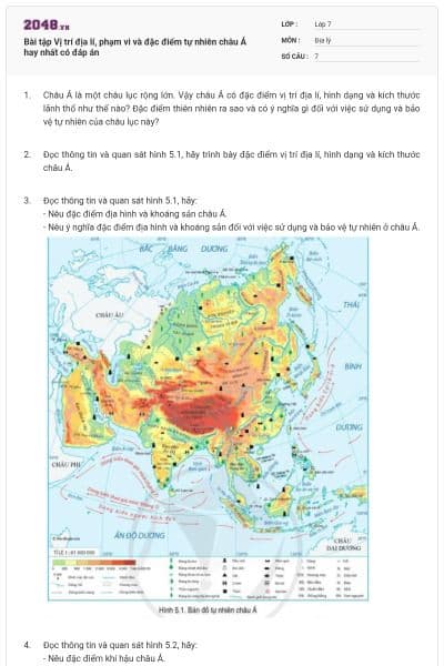 Bài tập Vị trí địa lí, phạm vi và đặc điểm tự nhiên châu Á hay nhất có đáp án