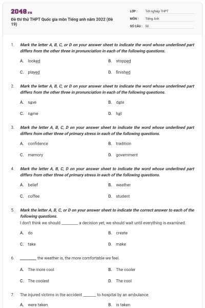 Đề thi thử THPT Quốc gia môn Tiếng anh năm 2022 (Đề 19)