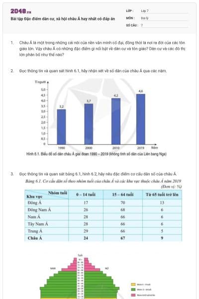 Bài tập Đặc điểm dân cư, xã hội châu Á hay nhất có đáp án