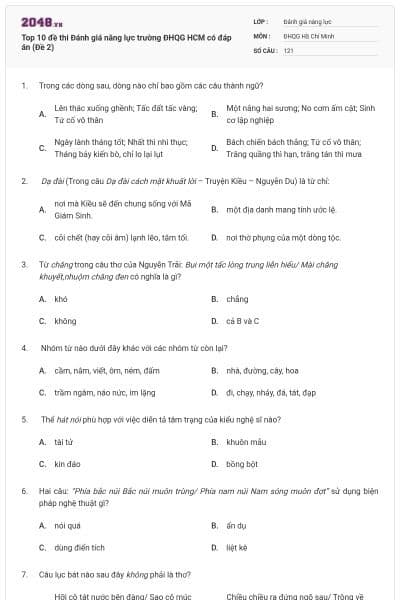 Top 10 đề thi Đánh giá năng lực trường ĐHQG HCM có đáp án (Đề 2)