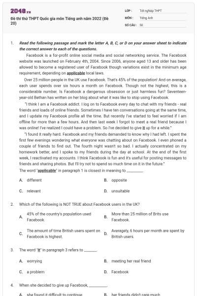 Đề thi thử THPT Quốc gia môn Tiếng anh năm 2022 (Đề 20)