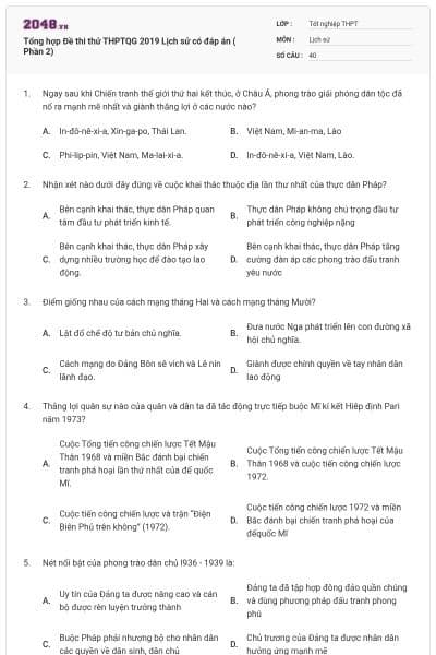 Tổng hợp Đề thi thử THPTQG 2019 Lịch sử có đáp án ( Phần 2)