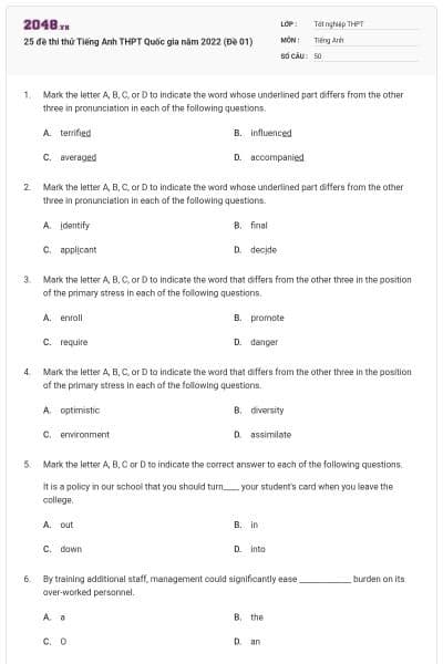 25 đề thi thử Tiếng Anh THPT Quốc gia năm 2022 (Đề 01)