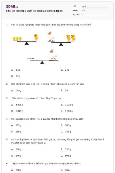 8 bài tập Toán lớp 3 Chân trời sáng tạo: Gam có đáp án
