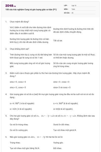 100 câu trắc nghiệm Cung và góc lượng giác cơ bản (P1)