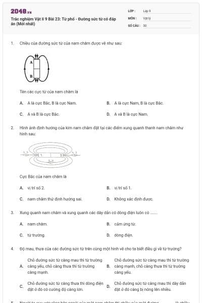 Trắc nghiệm Vật lí 9 Bài 23: Từ phổ - Đường sức từ có đáp án (Mới nhất)