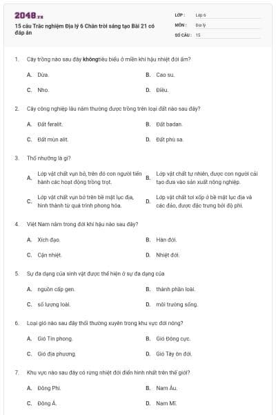 15 câu Trắc nghiệm Địa lý 6 Chân trời sáng tạo Bài 21 có đáp án