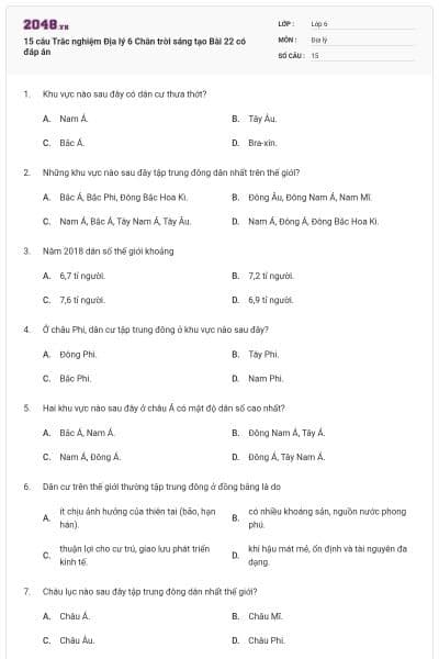 15 câu Trắc nghiệm Địa lý 6 Chân trời sáng tạo Bài 22 có đáp án
