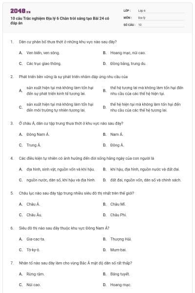 10 câu Trắc nghiệm Địa lý 6 Chân trời sáng tạo Bài 24 có đáp án