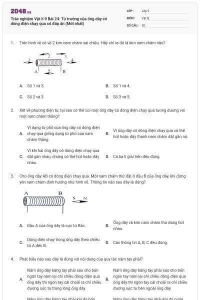 Trắc nghiệm Vật lí 9 Bài 24: Từ trường của ống dây có dòng điện chạy qua có đáp án (Mới nhất)