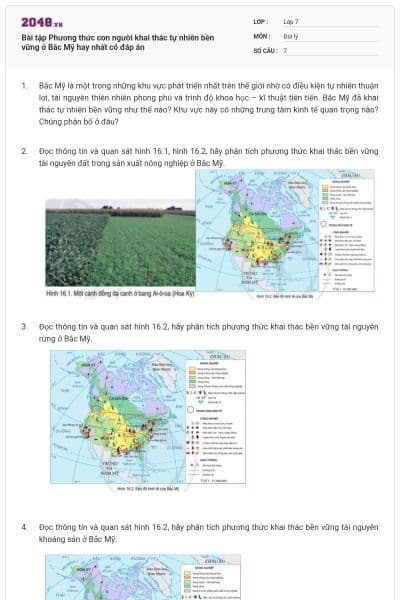 Bài tập Phương thức con người khai thác tự nhiên bền vững ở Bắc Mỹ hay nhất có đáp án