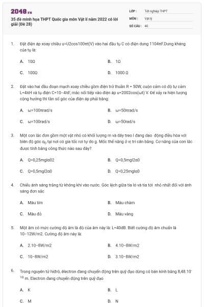 35 đề minh họa THPT Quốc gia môn Vật lí năm 2022 có lời giải (Đề 28)