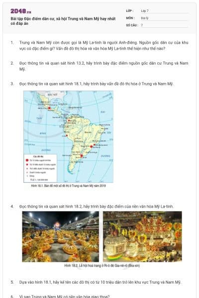 Bài tập Đặc điểm dân cư, xã hội Trung và Nam Mỹ hay nhất có đáp án