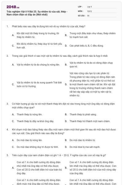 Trắc nghiệm Vật lí 9 Bài 25. Sự nhiễm từ của sắt, thép - Nam châm điện có đáp án (Mới nhất)