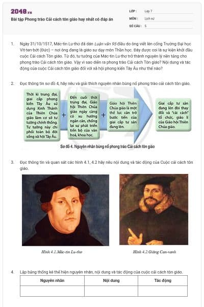 Bài tập Phong trào Cải cách tôn giáo hay nhất có đáp án