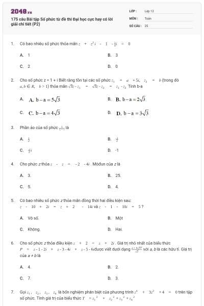 175 câu Bài tập Số phức từ đề thi Đại học cực hay có lời giải chi tiết (P2)