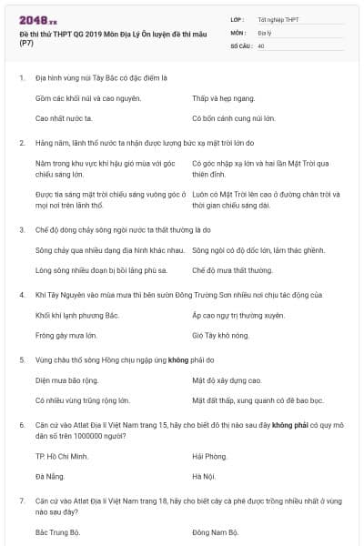 Đề thi thử THPT QG 2019 Môn Địa Lý Ôn luyện đề thi mẫu (P7)