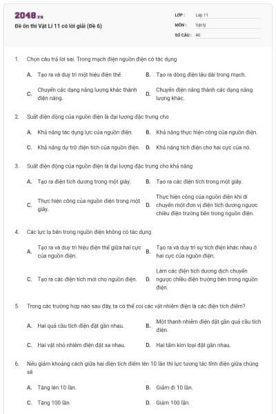 Đề ôn thi Vật Lí 11 có lời giải (Đề 6)