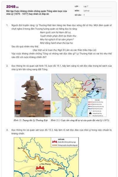 Bài tập Cuộc kháng chiến chống quân Tống xâm lược của nhà Lý (1075 - 1077) hay nhất có đáp án