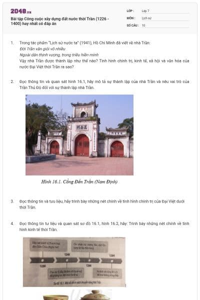 Bài tập Công cuộc xây dựng đất nước thời Trần (1226 - 1400) hay nhất có đáp án