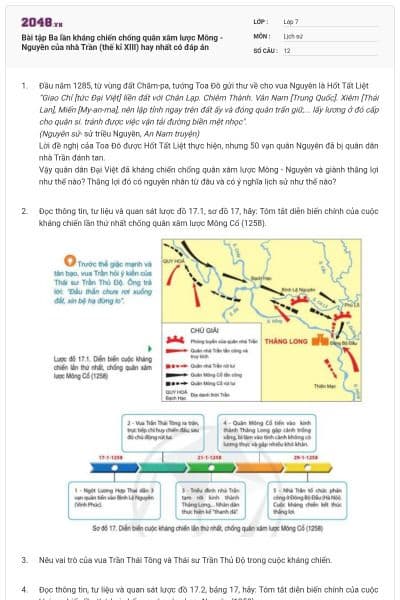 Bài tập Ba lần kháng chiến chống quân xâm lược Mông - Nguyên của nhà Trần (thế kỉ XIII) hay nhất có đáp án