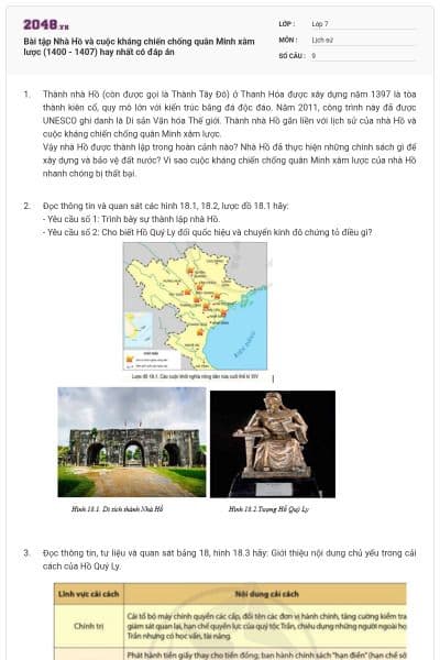Bài tập Nhà Hồ và cuộc kháng chiến chống quân Minh xâm lược (1400 - 1407) hay nhất có đáp án