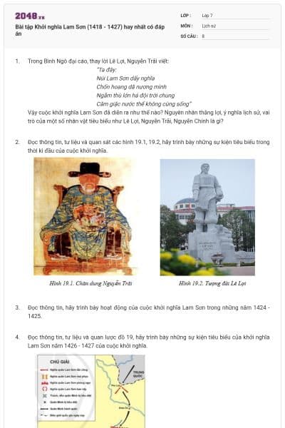 Bài tập Khởi nghĩa Lam Sơn (1418 - 1427) hay nhất có đáp án
