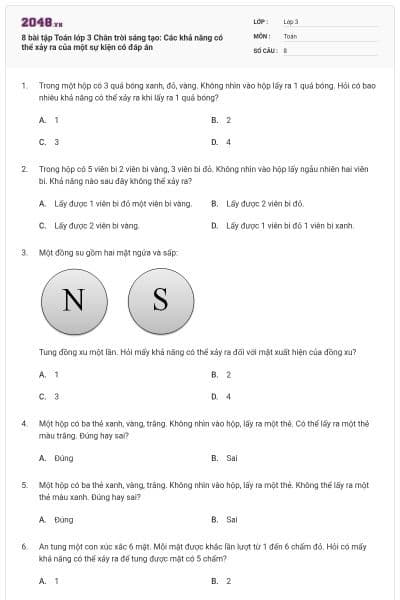 8 bài tập Toán lớp 3 Chân trời sáng tạo: Các khả năng có thể xảy ra của một sự kiện có đáp án
