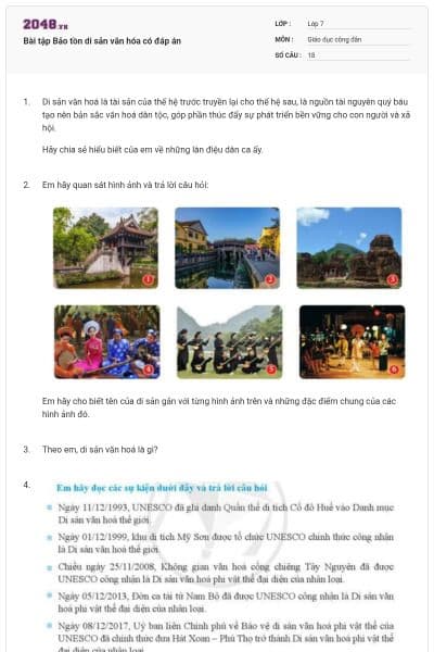 Bài tập Bảo tồn di sản văn hóa có đáp án