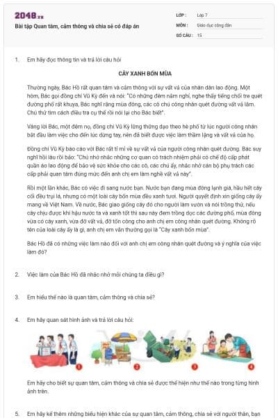 Bài tập Quan tâm, cảm thông và chia sẻ có đáp án