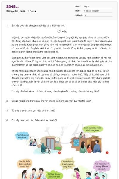 Bài tập Giữ chữ tín có đáp án