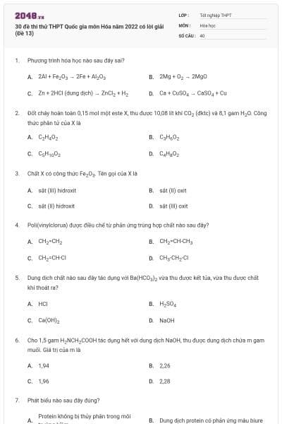 30 đề thi thử THPT Quốc gia môn Hóa năm 2022 có lời giải (Đề 13)