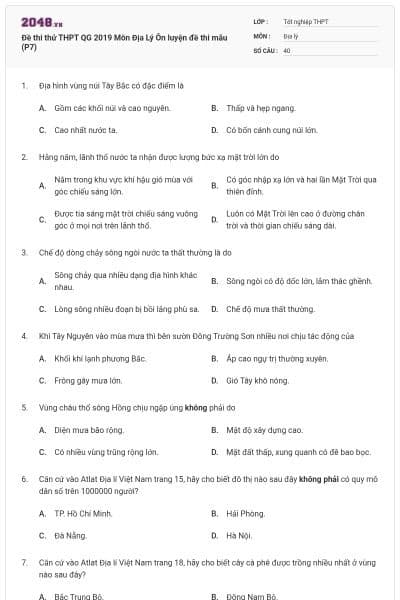 Đề thi thử THPT QG 2019 Môn Địa Lý Ôn luyện đề thi mẫu (P7)