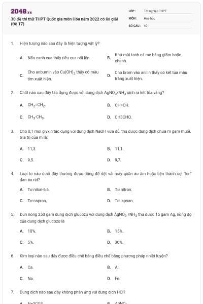 30 đề thi thử THPT Quốc gia môn Hóa năm 2022 có lời giải (Đề 17)