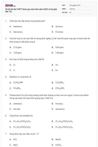 30 đề thi thử THPT Quốc gia môn Hóa năm 2022 có lời giải (Đề 19)