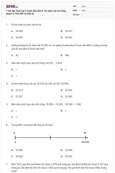 7 bài tập Toán lớp 3 Cánh diều Bài 6: So sánh các số trong phạm vi 100 000 có đáp án