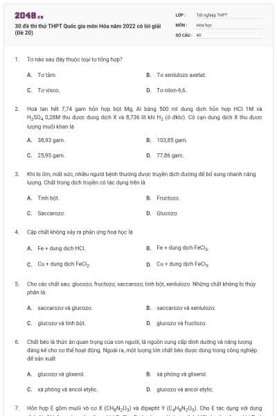 30 đề thi thử THPT Quốc gia môn Hóa năm 2022 có lời giải (Đề 20)