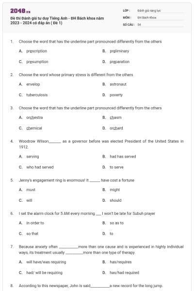 Đề thi Đánh giá tư duy Tiếng Anh - ĐH Bách khoa năm 2023 - 2024 có đáp án ( Đề 1)