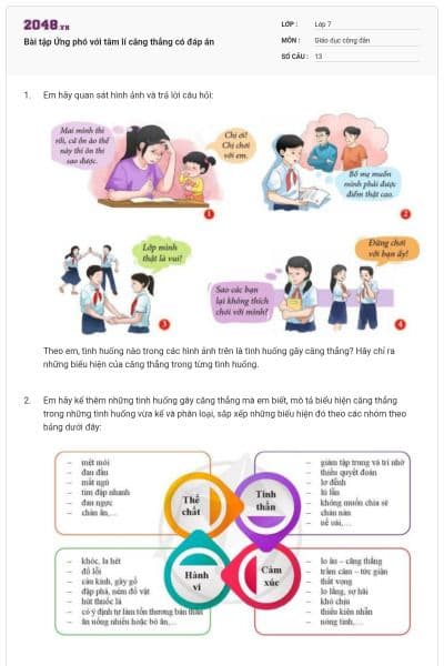 Bài tập Ứng phó với tâm lí căng thẳng có đáp án