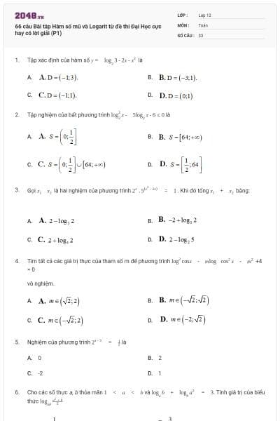 66 câu Bài tâp Hàm số mũ và Logarit từ đề thi Đại Học cực hay có lời giải (P1)