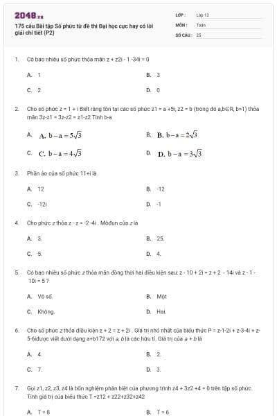 175 câu Bài tập Số phức từ đề thi Đại học cực hay có lời giải chi tiết (P2)