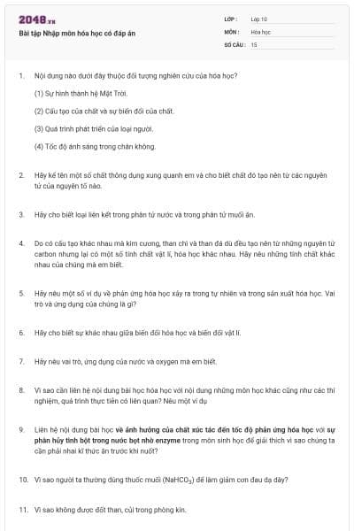 Bài tập Nhập môn hóa học có đáp án